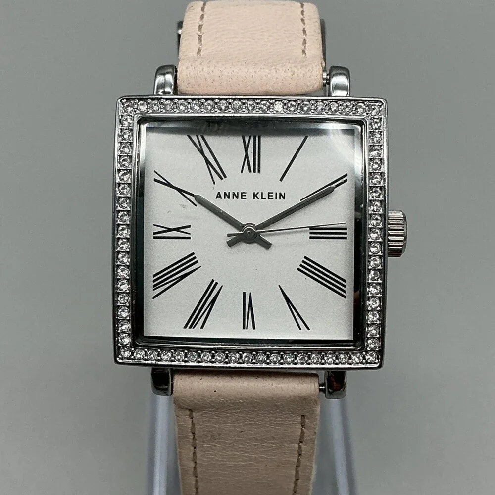 Anne Klein AK/1299 Womens Watch 28mm Silver Tone Leather Crystals New Battery
